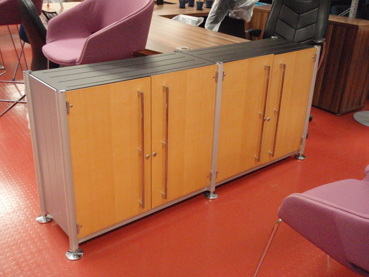 Chrome & Wood Grained 4 Door Credenza