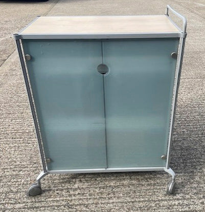 Glass 2 Door Cabinet on Wheels with Wood Top