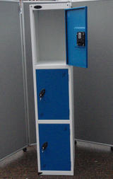 Coin Operated and Key Operated Three Door Blue Steel Lockers from Park Royal Office Furniture. Steel Locker