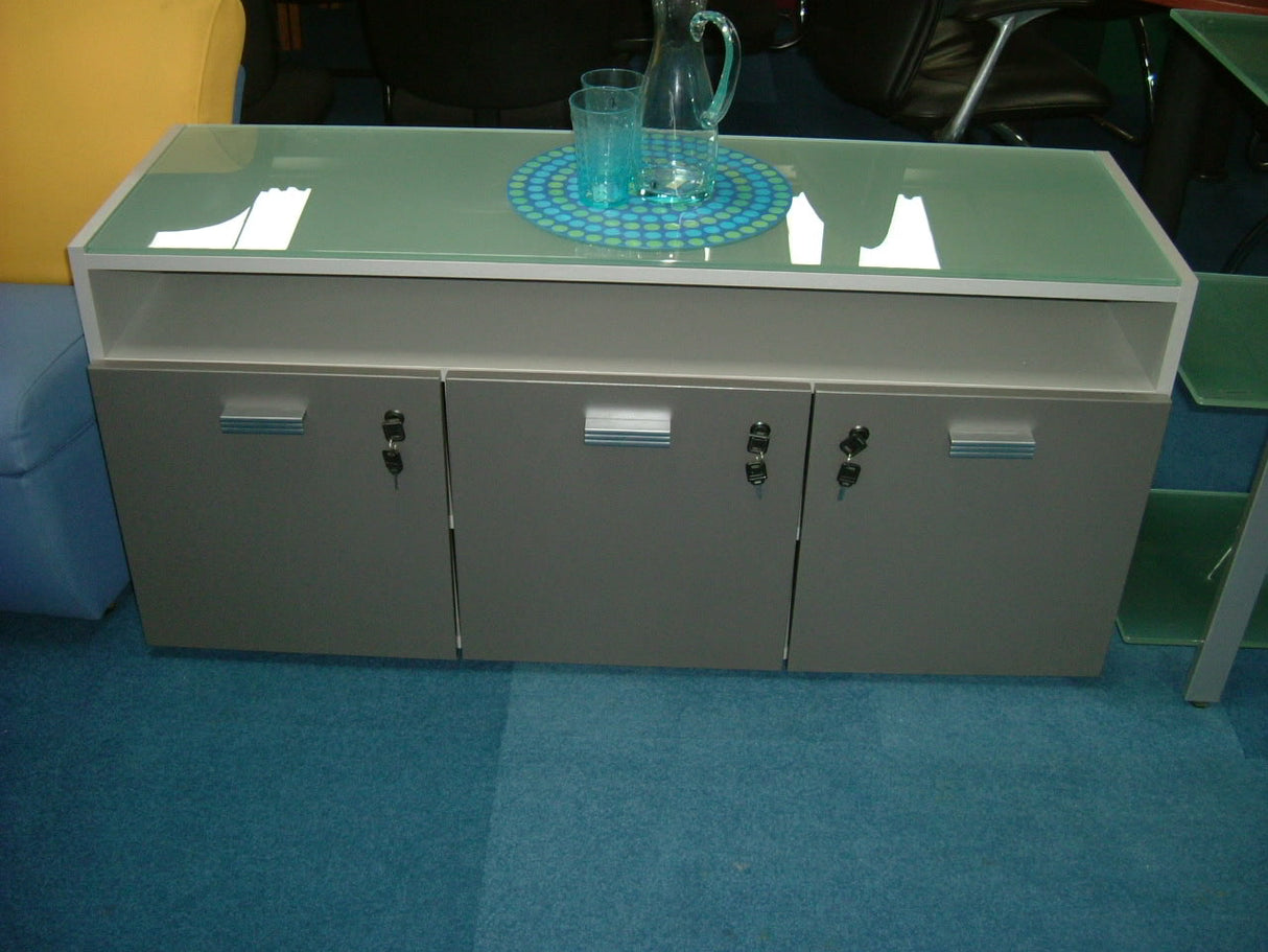 Grey 3 Door Credenza & Glass Top