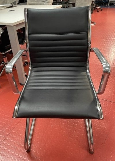 Black Italian Leather Mid Ribbed Back Cantilever Chair