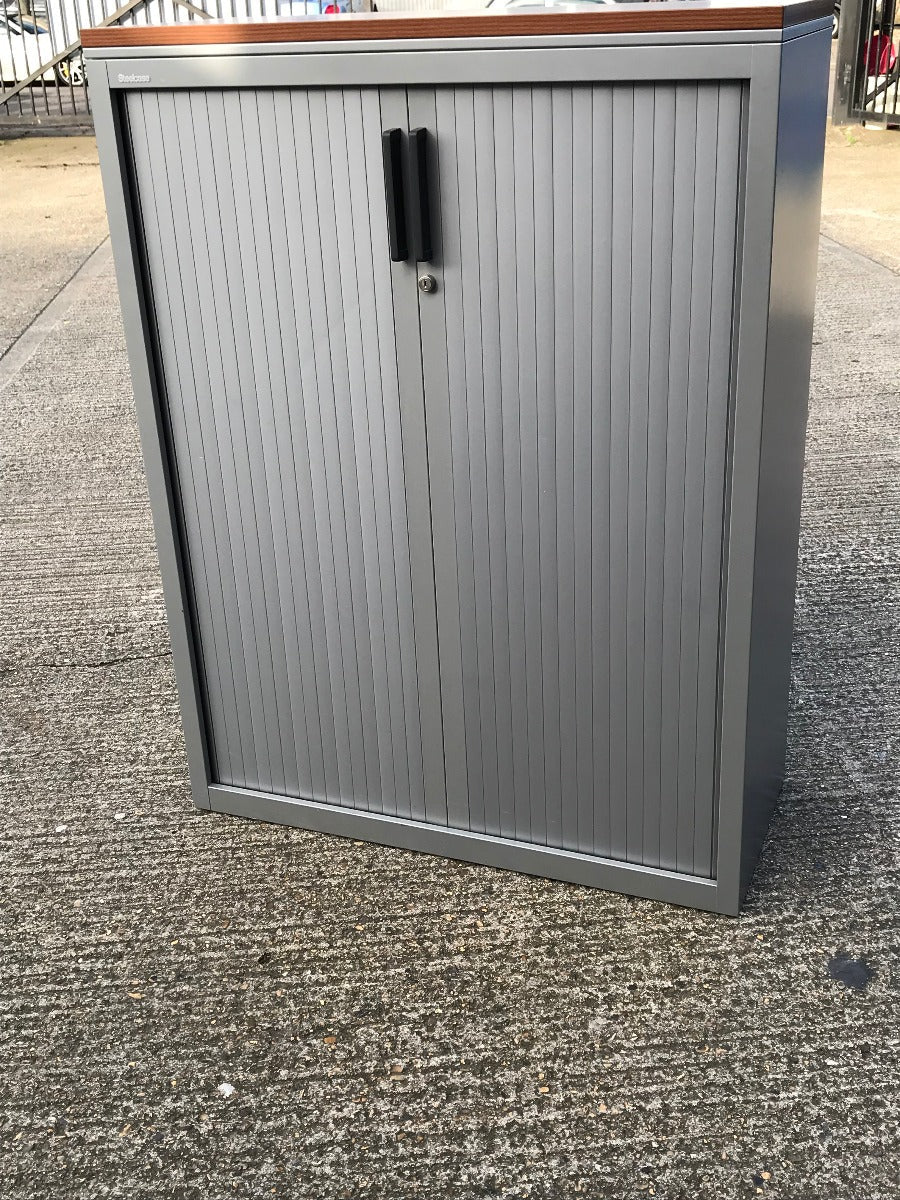 Steelcase Silver Tambour Storage Walnut Top