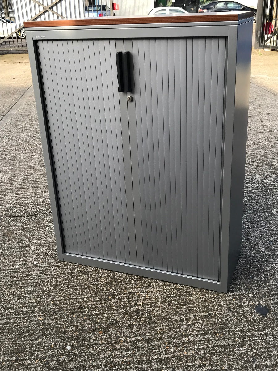 Steelcase Silver Tambour Storage Walnut Top