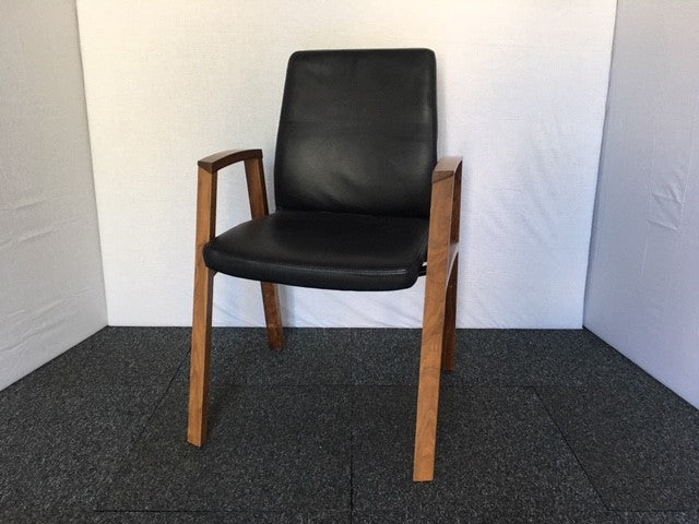 Black Leather & Wooden Frame Meeting Chair