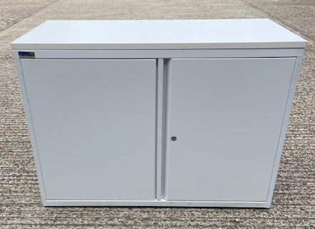 Silverline White Metal Low 2 Door Storage with Wood Top