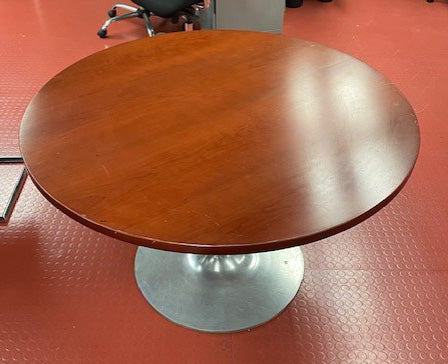 Golden Walnut Pedestal Grey Base Table