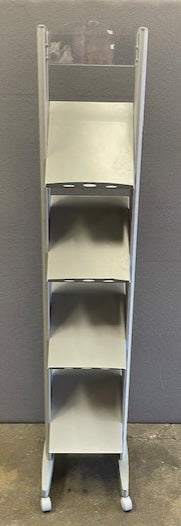Grey Metal 4 Shelf Leaflet Stand on Wheels