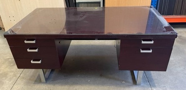 Rosewood Glass Top Double Ped with Chrome Leg Desk
