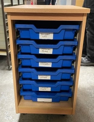 Wooden 6 Blue Draw Pigeon Hole Unit On Wheels