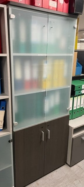 Grey Tall Cabinet with Glass & Walnut Doors