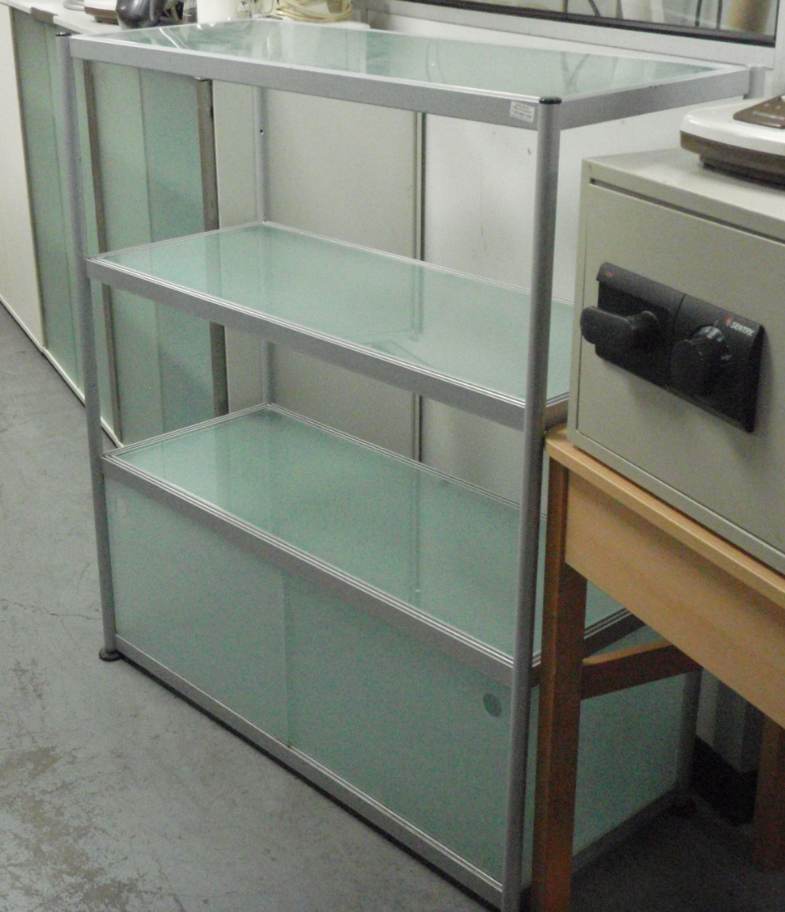 Grey Glass 3 Tier Unit with Sliding Doors to Base