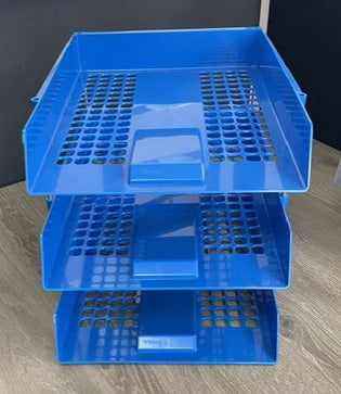 Blue Perforated 3 Tier In Out Tray With Risers