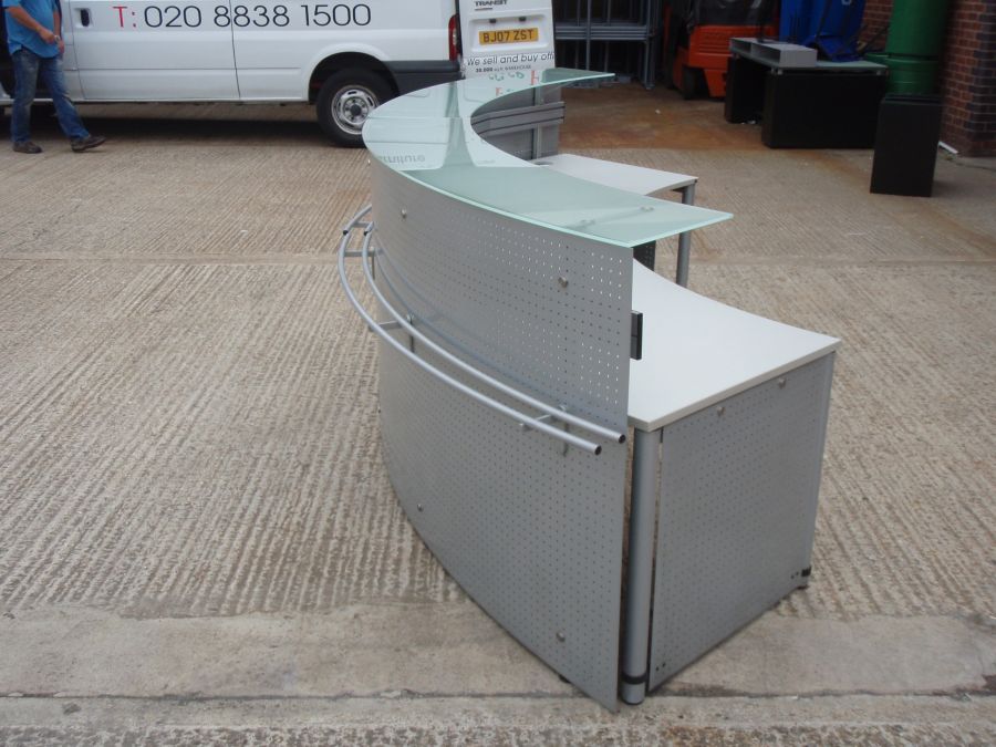 Grey Perforated Curved Reception Desk with Glass Top
