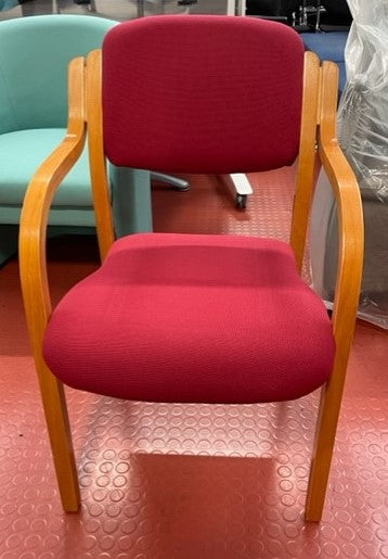 Burgundy & Wooden Frame Rounded Back Meeting Chair with Arms